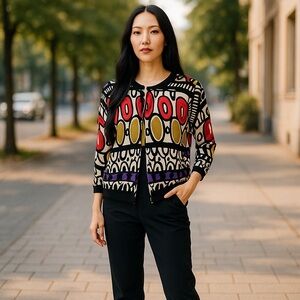 Joseph A Colorful Abstract 3/4 Sleeve Button Front Scoop Neck Cardigan Size PXL